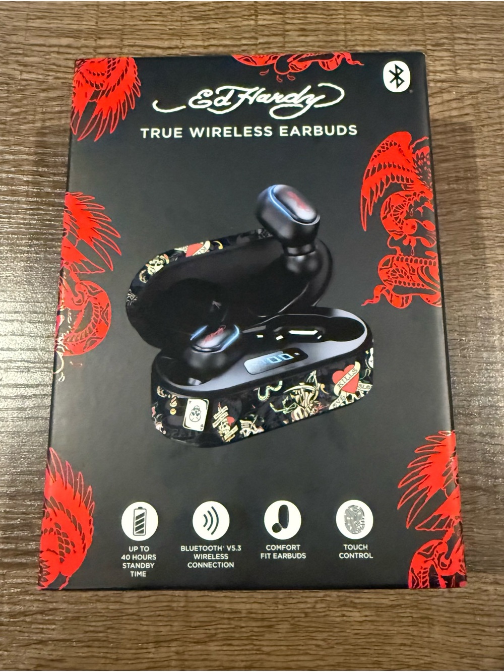 Ed Hardy Black True Wireless Earbuds with Red & Gold Tattoo Accents